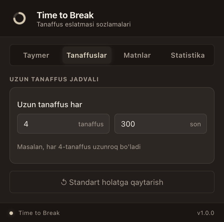 Kengaytma oynasi, tab: Tanaffuslar