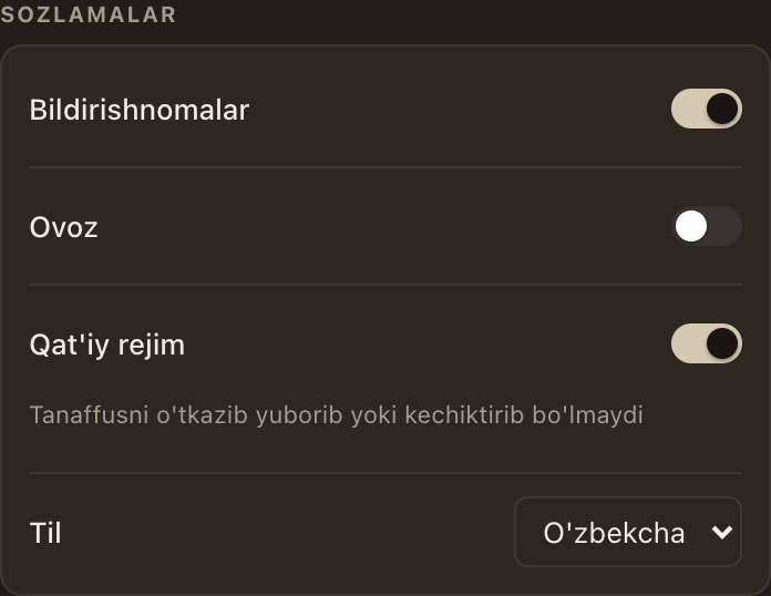 Kengaytma oynasidagi «Sozlamalar» kartasi, qat'iy rejim yoqilgan.
