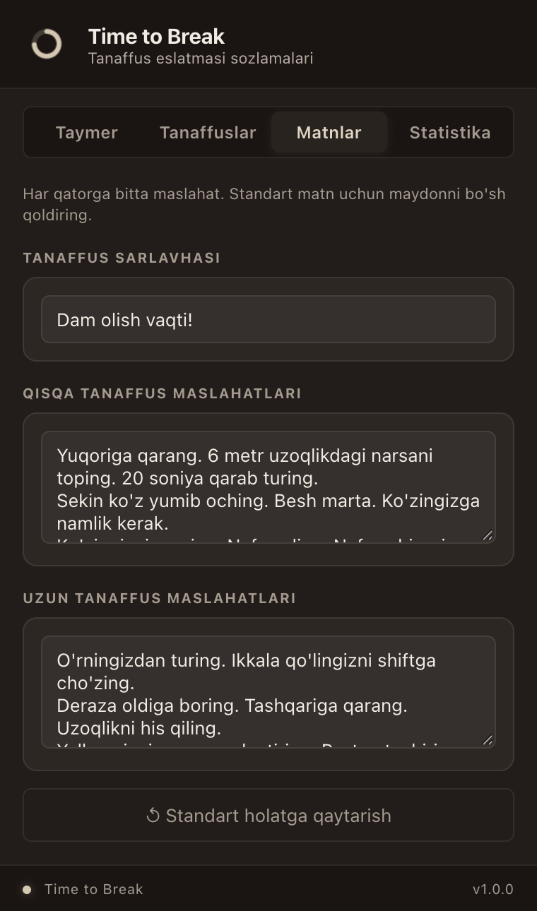 Kengaytma oynasi, tab: Matnlar